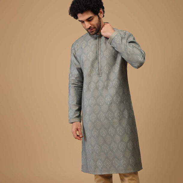 Grey Thread And Sequins Embroidered Handwoven Silk Kurta Set