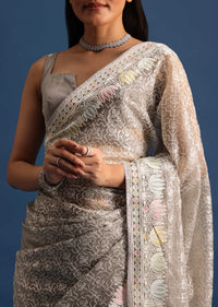 Grey Tissue Saree With Thread And Sequin Embroidery And Unstitched Blouse