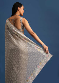 Grey Tissue Saree With Thread And Sequin Embroidery And Unstitched Blouse