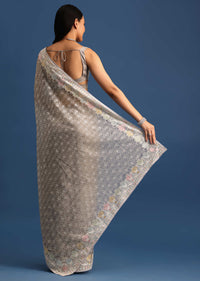 Grey Tissue Saree With Thread And Sequin Embroidery And Unstitched Blouse