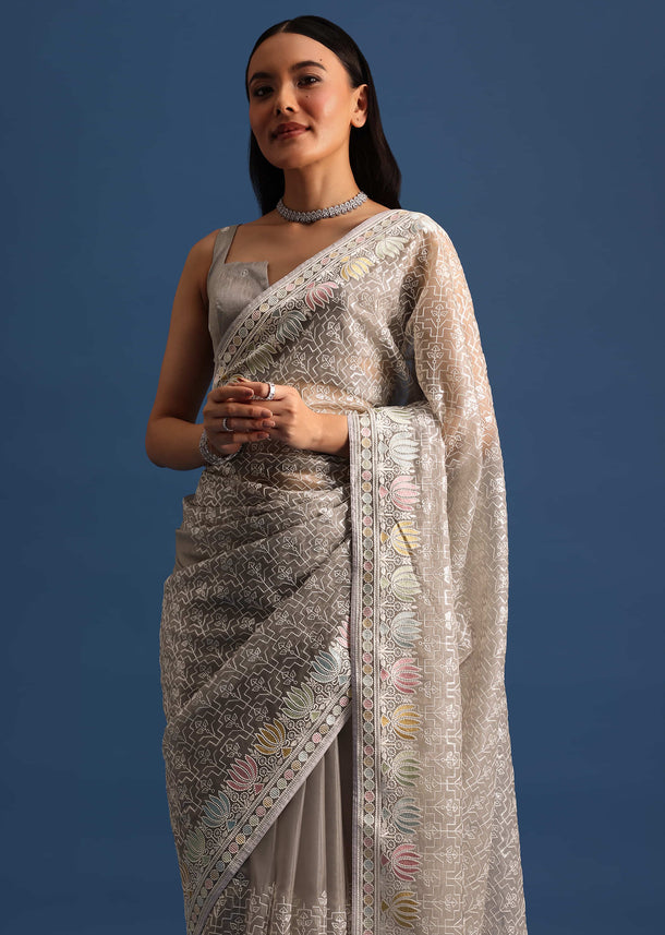 Grey Tissue Saree With Thread And Sequin Embroidery And Unstitched Blouse