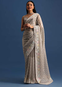 Grey Tissue Saree With Thread And Sequin Embroidery And Unstitched Blouse