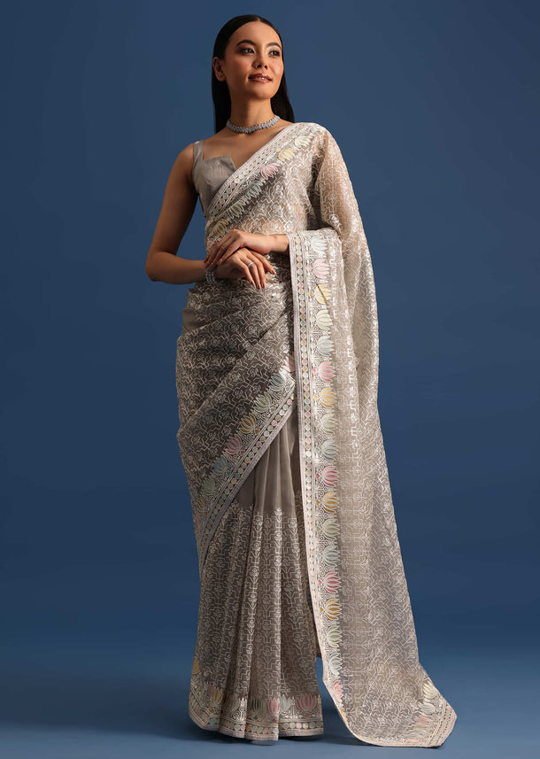 Grey Tissue Saree With Thread And Sequin Embroidery And Unstitched Blouse