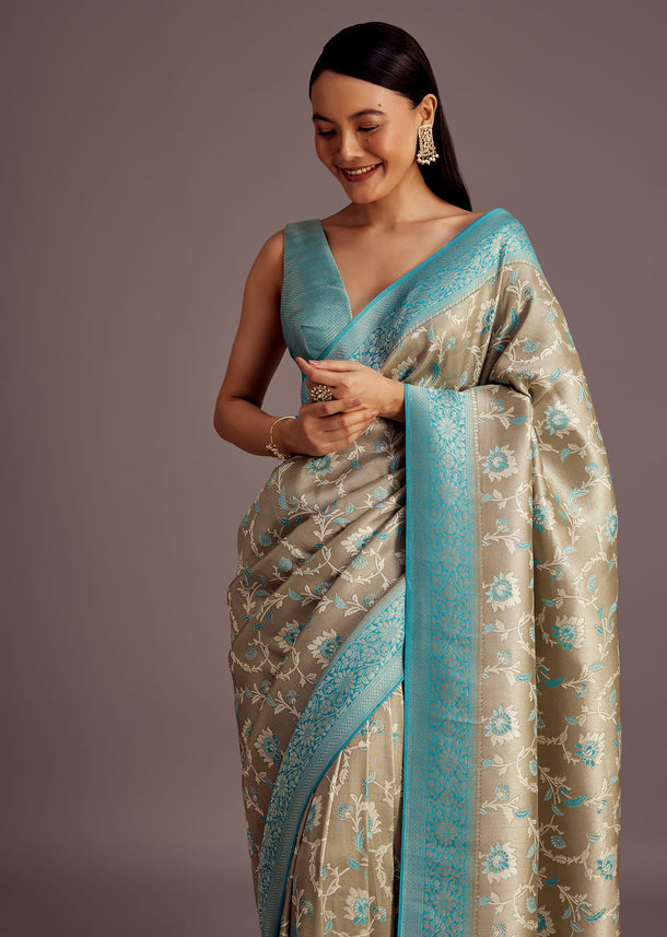 Grey Tissue Silk Saree With Floral Jaal Work