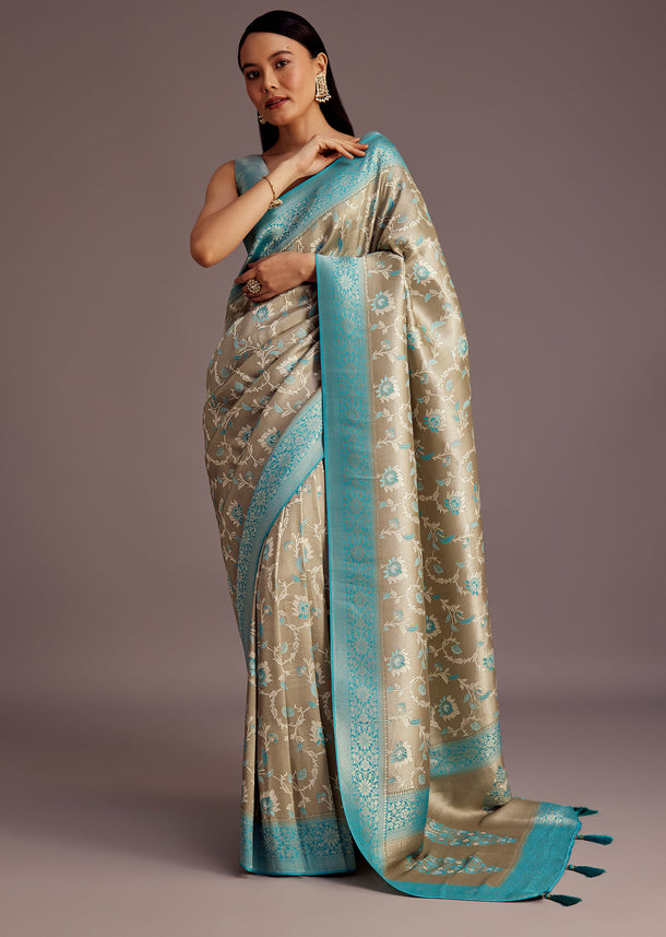 Grey Tissue Silk Saree With Floral Jaal Work