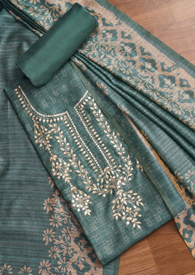 Greyish Blue Tussar Unstitched Suit With Dupatta