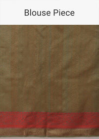 Greyish Green Pure Handloom Saree In Tussar Silk With Woven Leaf Shaped Buttis And Red Border Online - Kalki Fashion