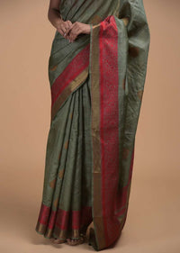 Greyish Green Pure Handloom Saree In Tussar Silk With Woven Leaf Shaped Buttis And Red Border Online - Kalki Fashion