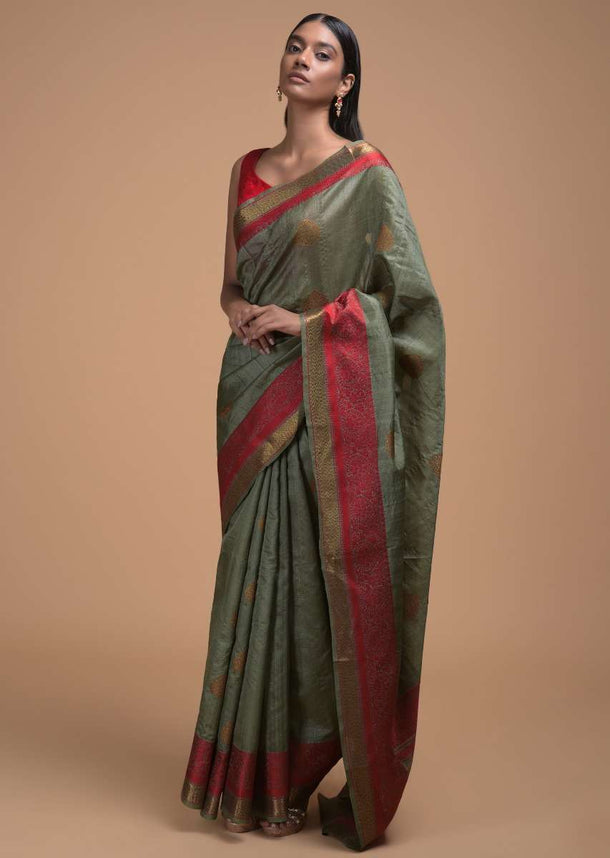 Greyish Green Pure Handloom Saree In Tussar Silk With Woven Leaf Shaped Buttis And Red Border Online - Kalki Fashion