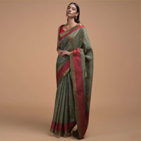 Greyish Green Pure Handloom Saree In Tussar Silk With Woven Leaf Shaped Buttis And Red Border Online - Kalki Fashion