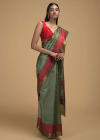 Greyish Green Pure Handloom Saree In Tussar Silk With Woven Leaf Shaped Buttis And Red Border Online - Kalki Fashion