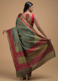 Greyish Green Pure Handloom Saree In Tussar Silk With Woven Leaf Shaped Buttis And Red Border Online - Kalki Fashion