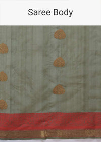 Greyish Green Pure Handloom Saree In Tussar Silk With Woven Leaf Shaped Buttis And Red Border Online - Kalki Fashion