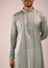 Greyish Blue Kurta Set In Silk With Multi Colored Stripes