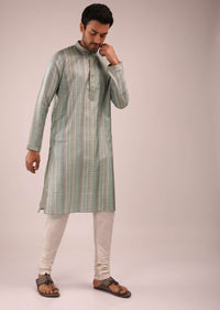 Greyish Blue Kurta Set In Silk With Multi Colored Stripes