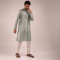 Greyish Blue Kurta Set In Silk With Multi Colored Stripes