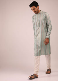 Greyish Blue Kurta Set In Silk With Multi Colored Stripes