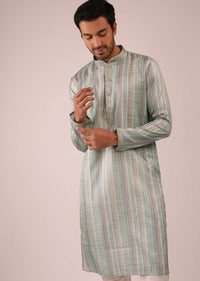 Greyish Blue Kurta Set In Silk With Multi Colored Stripes