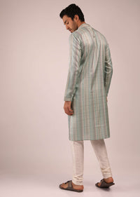 Greyish Blue Kurta Set In Silk With Multi Colored Stripes