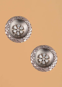 Gunmetal Grey Round Studs With Crystals In Floral Motif And Bugle Beads Online - Kalki Fashion