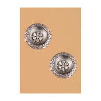 Gunmetal Grey Round Studs With Crystals In Floral Motif And Bugle Beads Online - Kalki Fashion