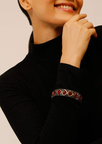 Gunmetal Grey Bangle Studded In Red And Green Semi Precious Stones