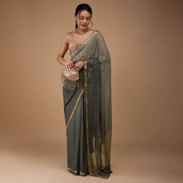 Fog Grey Chiffon Saree With Swarovski Stone Embellishments And Zari Border