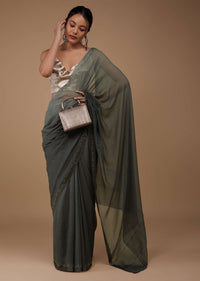 Iron Grey Chiffon Saree With Swarovski Stone Embellishments And Satin Border