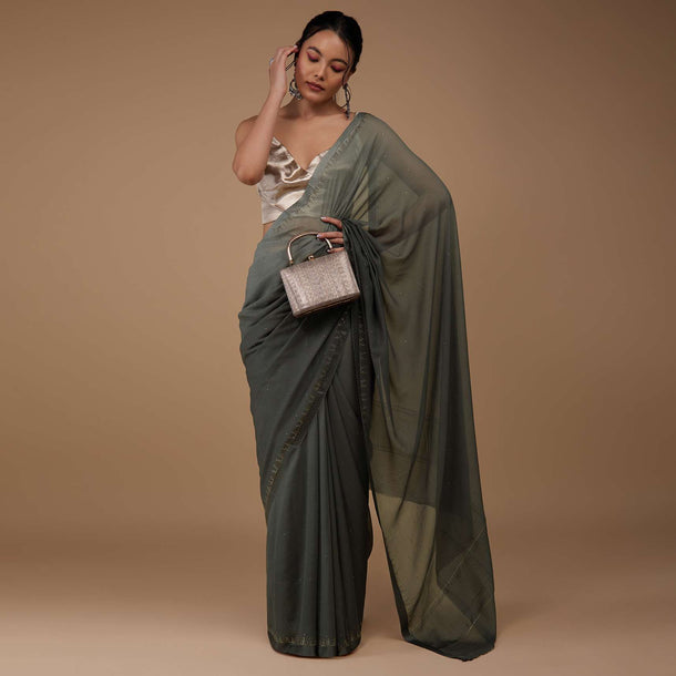 Iron Grey Chiffon Saree With Swarovski Stone Embellishments And Satin Border