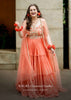 Coral Tiered Skirt And Crop Top With Cutdana Embellished Floral Blossoms And Ruffle Dupatta