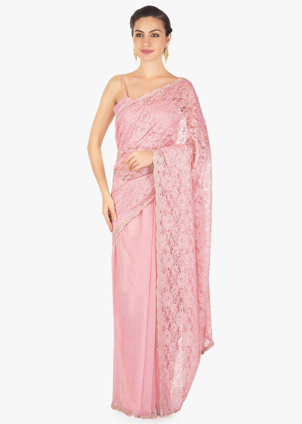 Half and half baby pink saree in Chantilly lace  highlighted in kundan only on Kalki