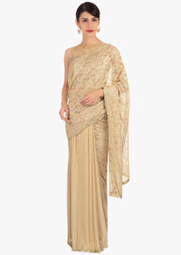 Half and half beige chantilly lace and chiffon saree only on Kalki