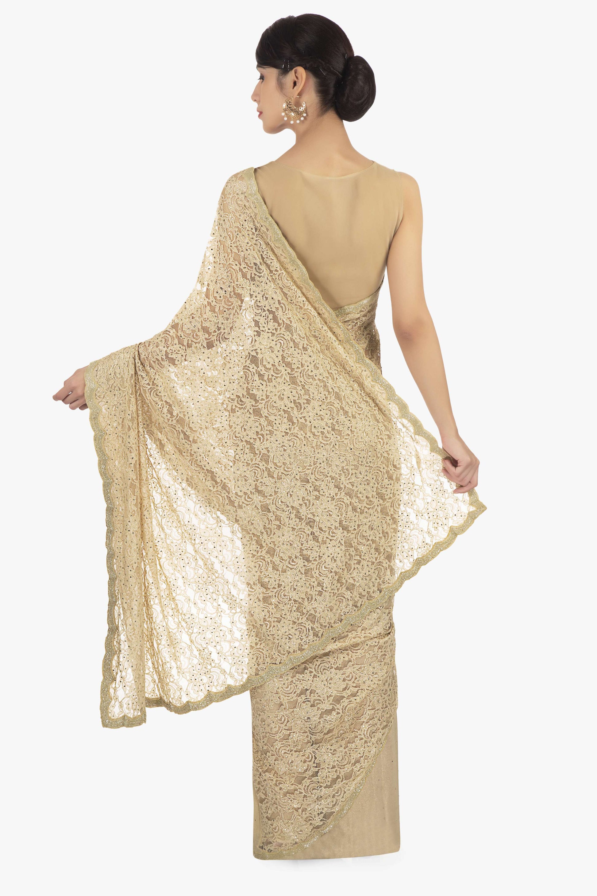 Half and half beige chantilly lace and chiffon saree