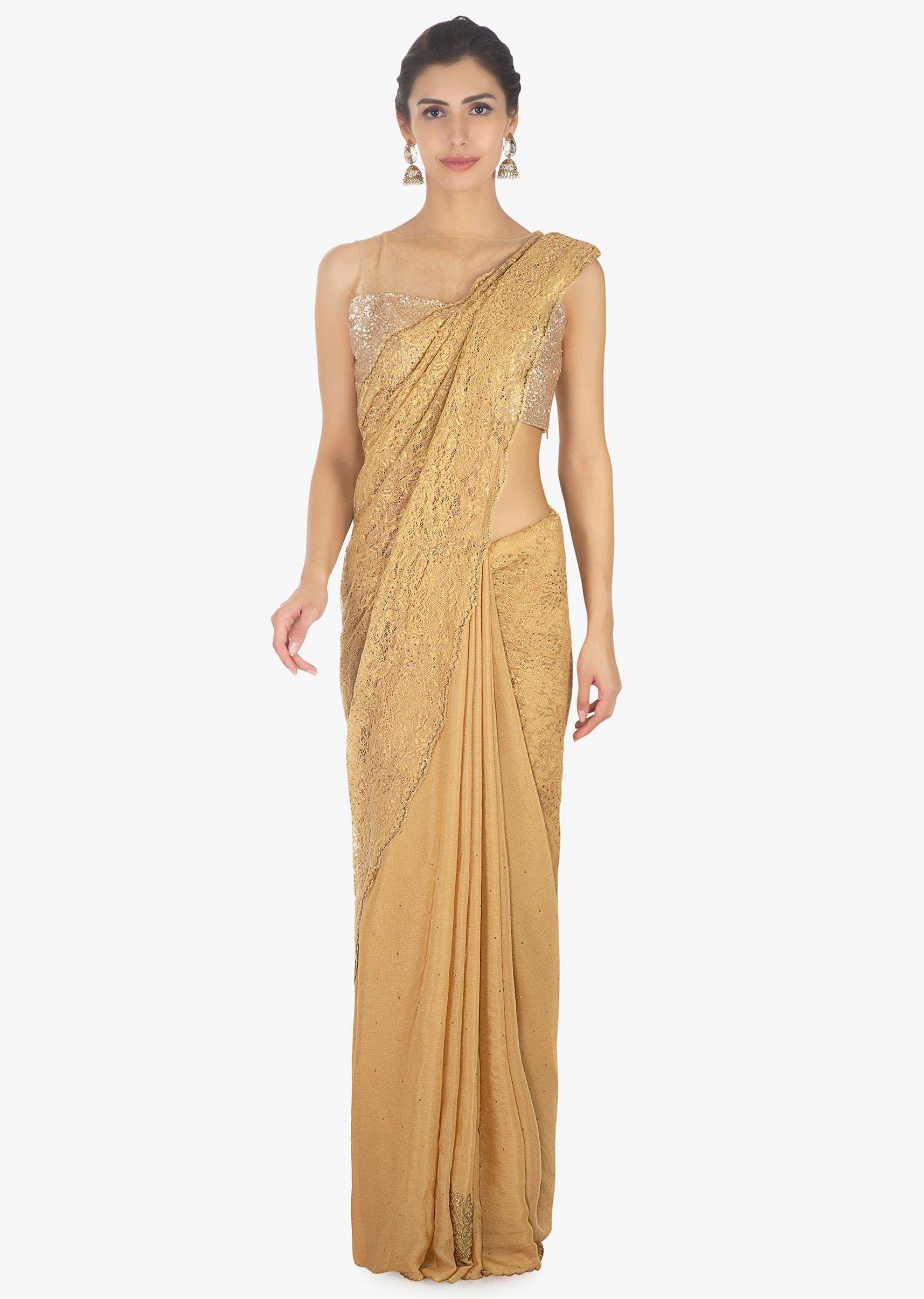 Half and half  beige lace and chiffon saree with scallop border in cut dana 