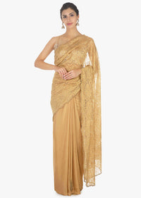 Half and half  beige lace and chiffon saree with scallop border in cut dana 