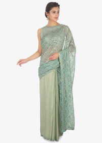 Half and half fern green lace and foil georgette saree in kundan only on Kalki