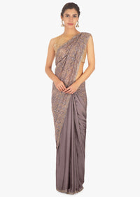 Half and half grey  lace and crepe satin  saree adorn in cut dana and kundan 