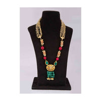 Half and half necklace having upper half in multi string moti layer and lower half in magenta and metallic beads only on Kalki