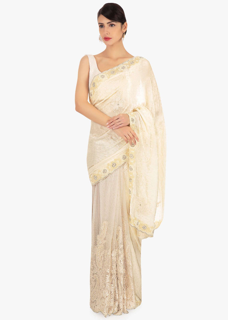 Half and half net and satin chiffon saree in abla and chord work