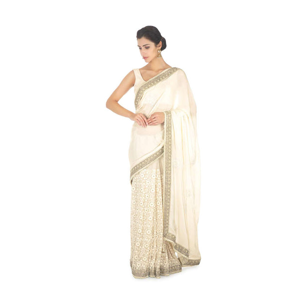 Half and half off white saree in chiffon and net