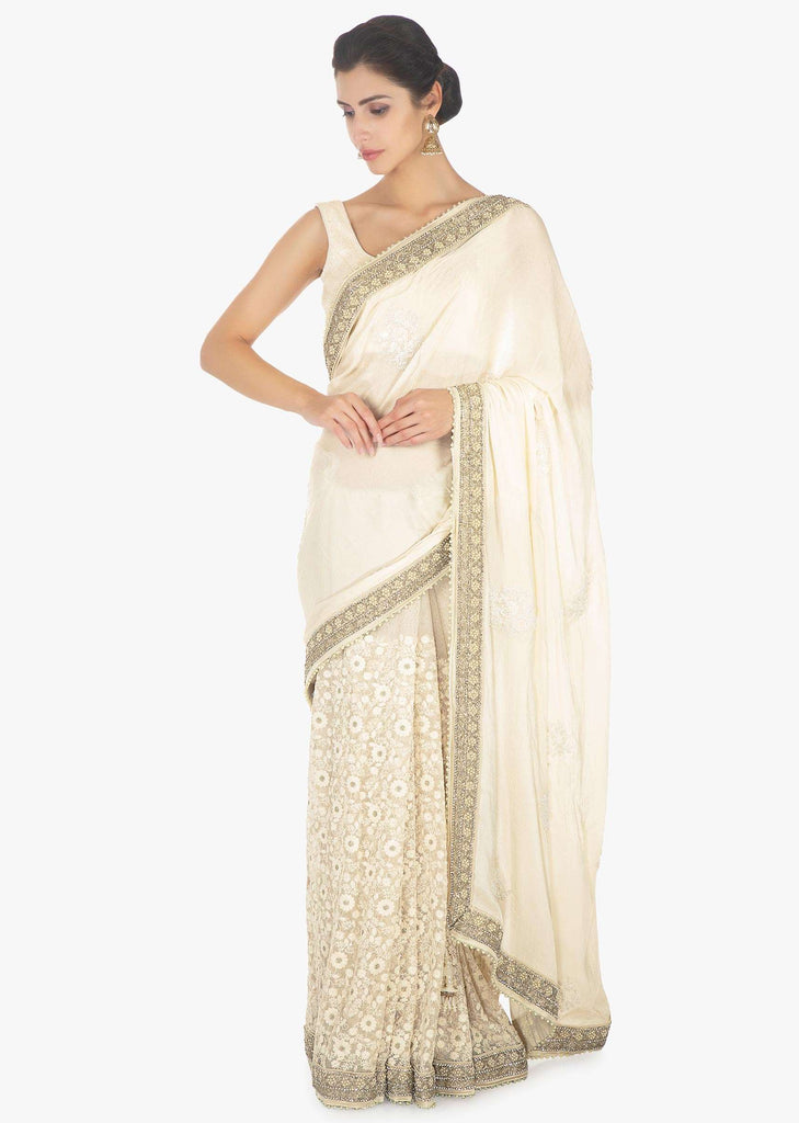 Half and half off white saree in chiffon and net