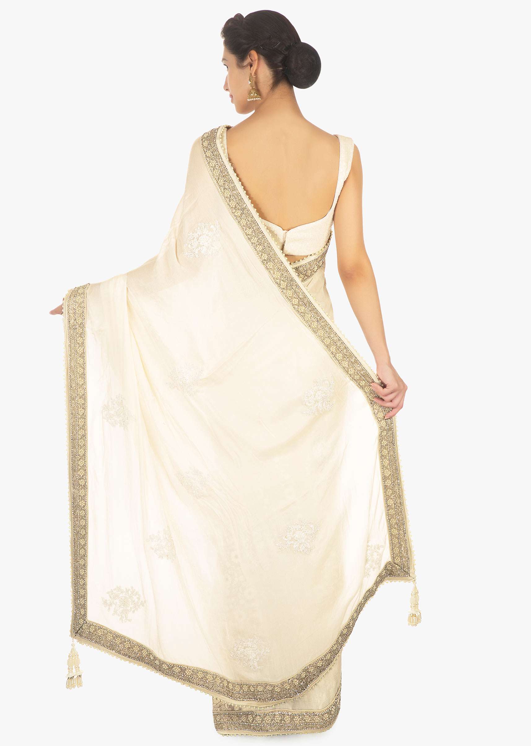 Half and half off white saree in chiffon and net