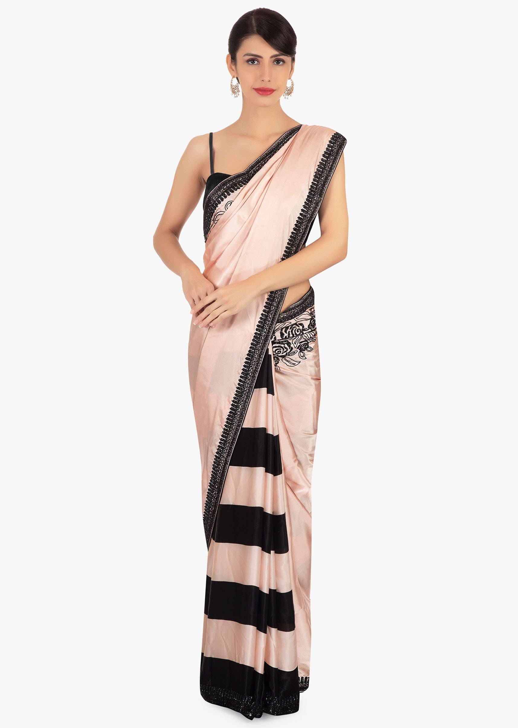 Half and half satin saree in peach and black stripes 