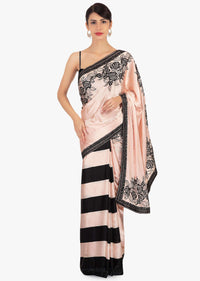 Half and half satin saree in peach and black stripes 