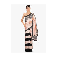 Half and half satin saree in peach and black stripes only on Kalki