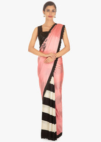 Half and half satin saree in pink and black and white stripes 