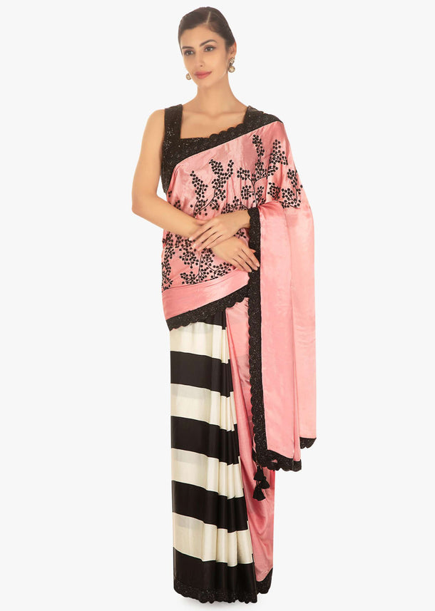 Half and half satin saree in pink and black and white stripes