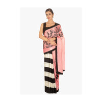 Half and half satin saree in pink and black and white stripes only on Kalki