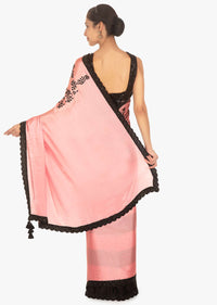 Half and half satin saree in pink and black and white stripes 