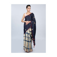 Half and tussar silk saree with batik print in checks and floral embroidered butti only on kalki